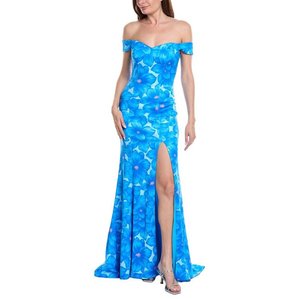Rene Ruiz Womens Off-The-Shoulder Folded Neckline Gown, Blue